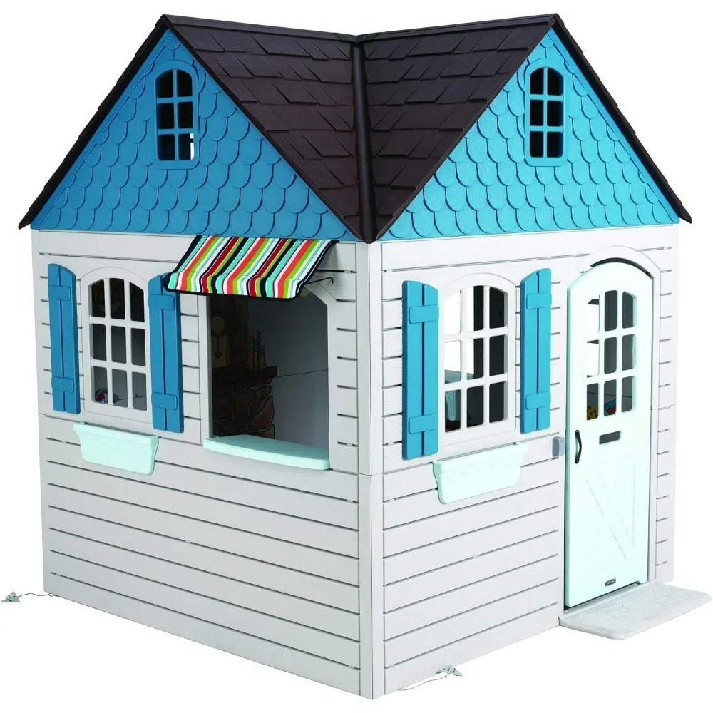 Plastic Outdoor Playhouse, Door with Mail Slot and Working Doorbell, Play Sink and Stove Combo, Toy Food, Pans, and Utensils