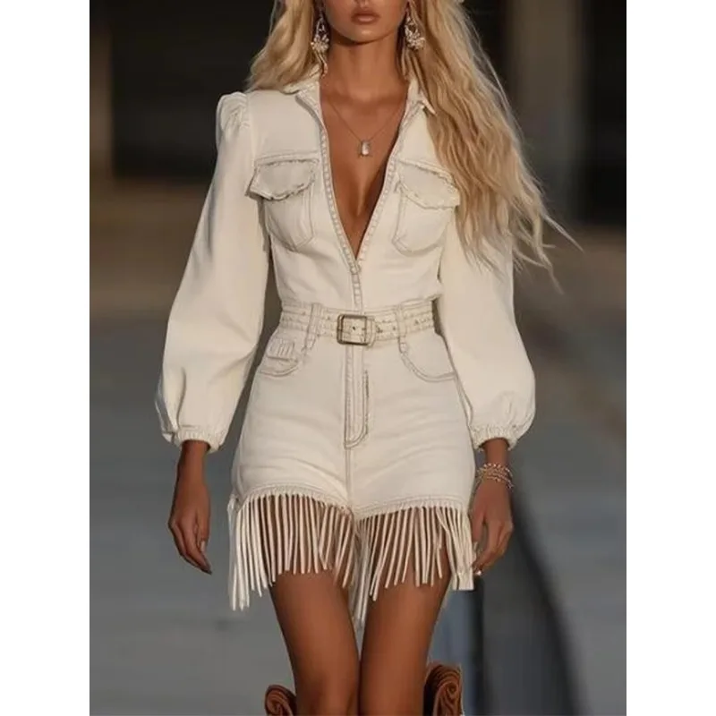Autumn Women's Lapel Long Sleeved Mini Dress Tassel Patchwork High Waisted A-line Dress  New Solid Pocket Commuting Dress