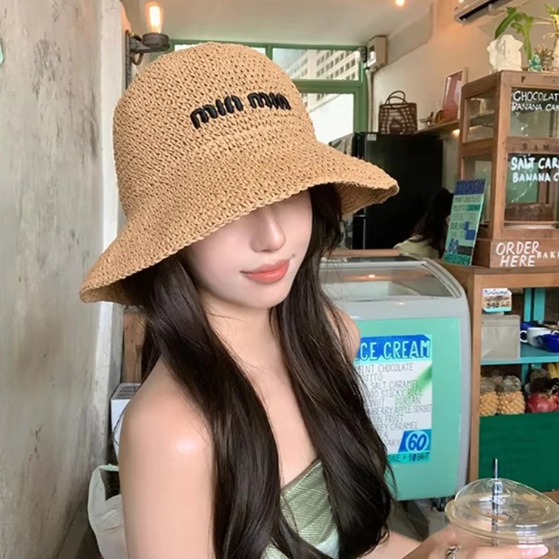 2025 Letter Sun Hat for Women Straw Beach Hats Women Large Wide Brim  Foldable Hat  Fashion Designer Outdoor Korean Bucket Hat