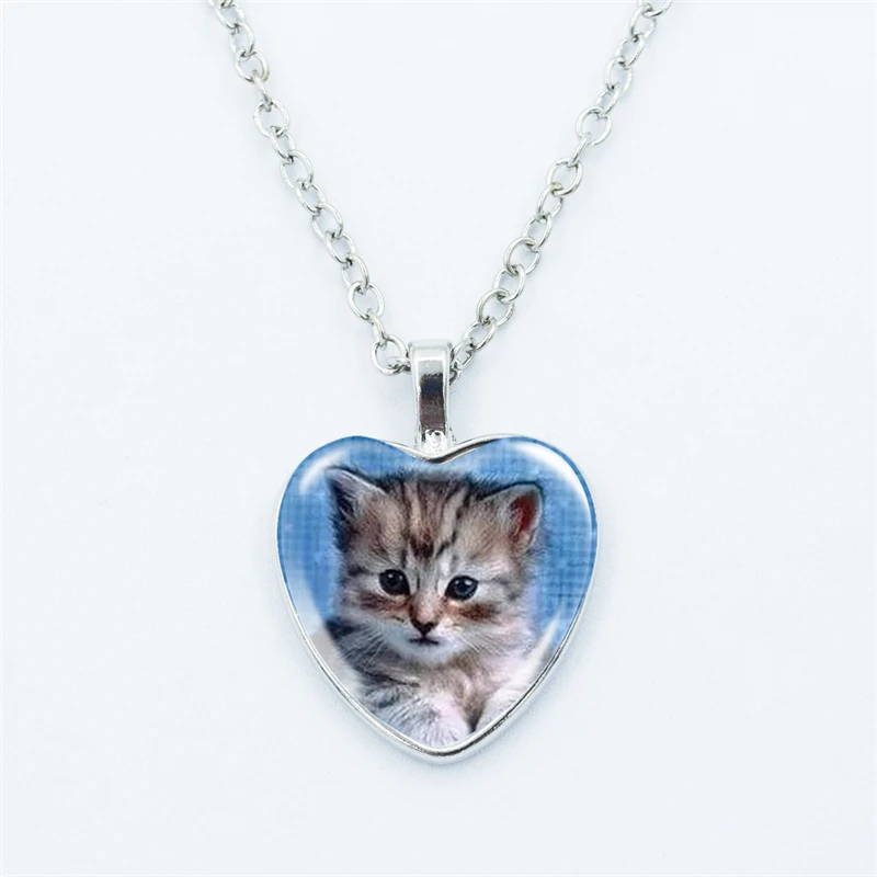 Cute Pet Cat Heart Pendant Necklace For Women Fashion Metal Glass Gem Face Fine Chain Jewelry Child Gift Accessories