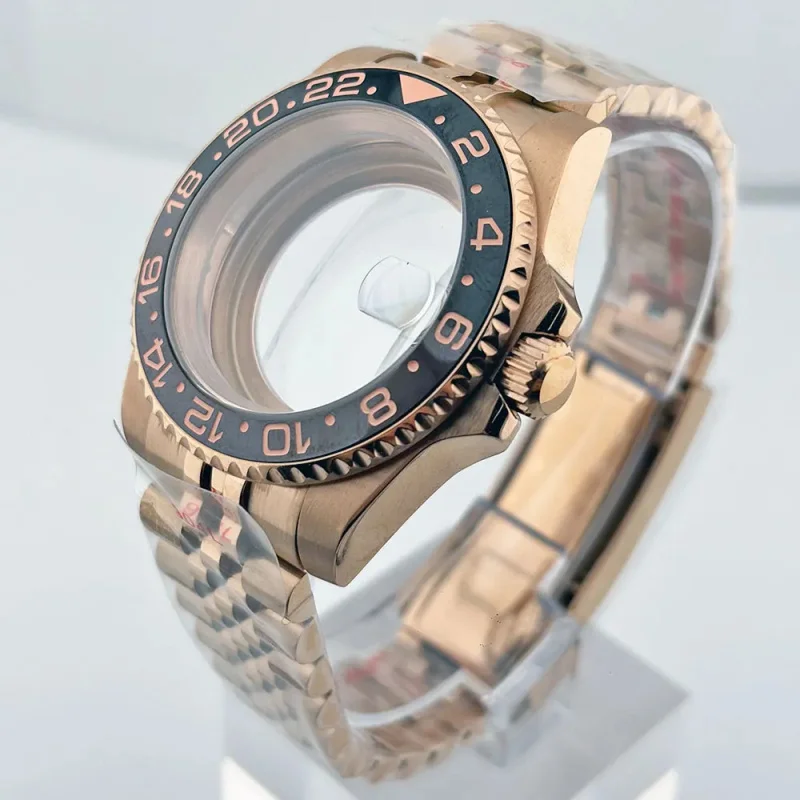 40mm watch case stainless steel sapphire glass transparent back cover rose gold dual turn GMT bezel Fit for NH34 35 36 movement