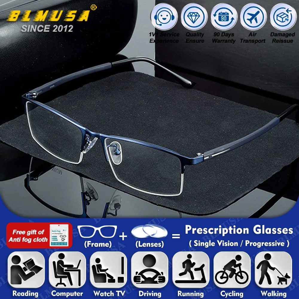 

BLMUSA (L) High Quality Business Men's Titanium Reading Eyeglasses Half-Frame Blue Light Filter Progressive Prescription Glasses