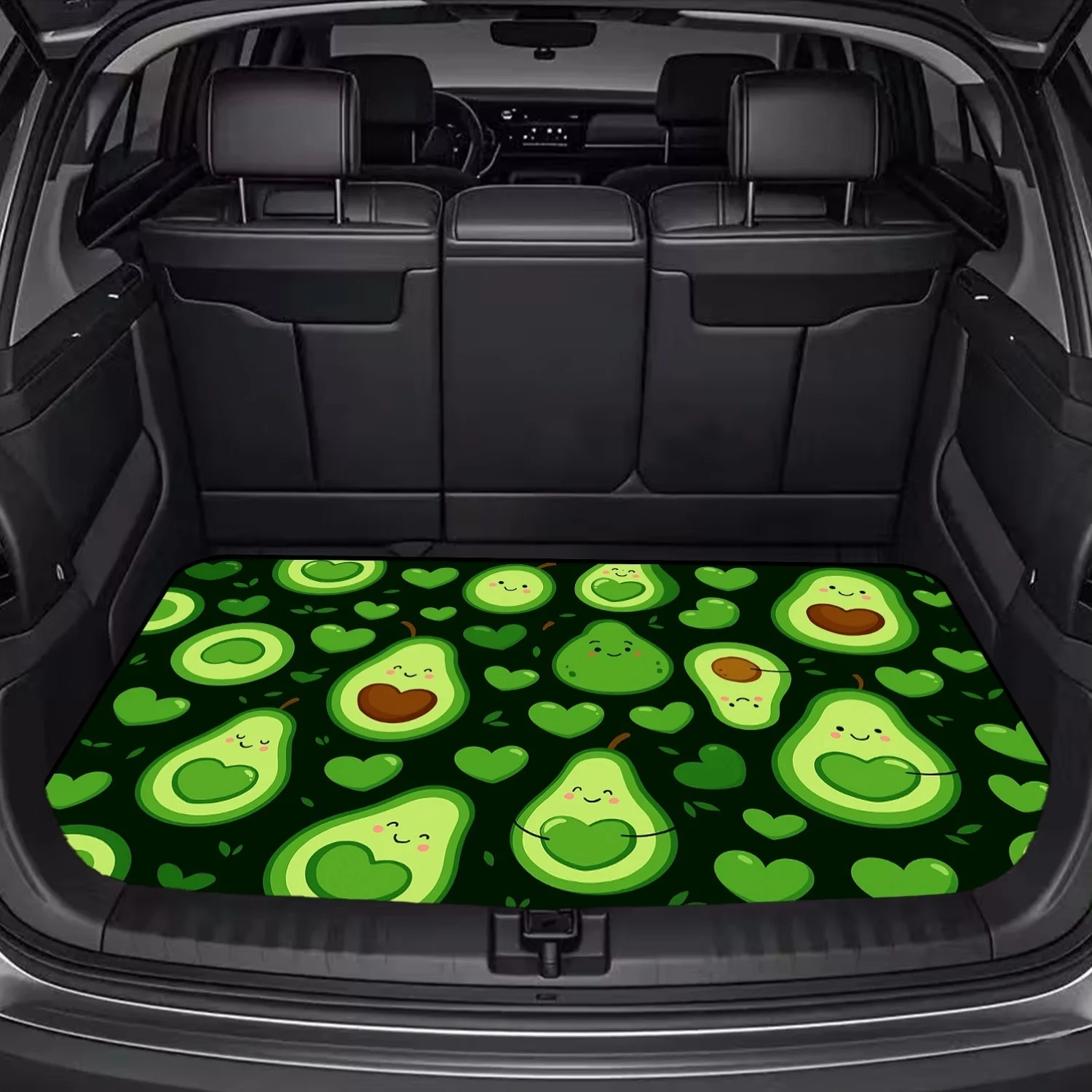 Car Trunk Mat, Cute Cartoon Smiley Avocado & Green Heart Dark Background Print Cargo Liner, Non-Slip Rear Trunk Protector, Women Car decor, Car Accessories, Interior Decoration Mat, Universal Fit For SUV Se