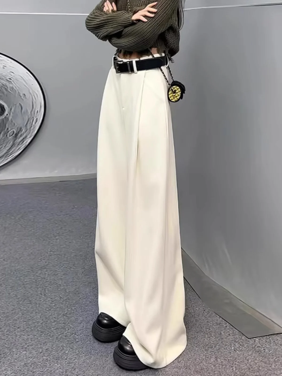 

Plus Size Ele High Waist Wide Leg Pants Women's White Casual Straight Cut Trousers Spring Faion plus Size Korean Sle