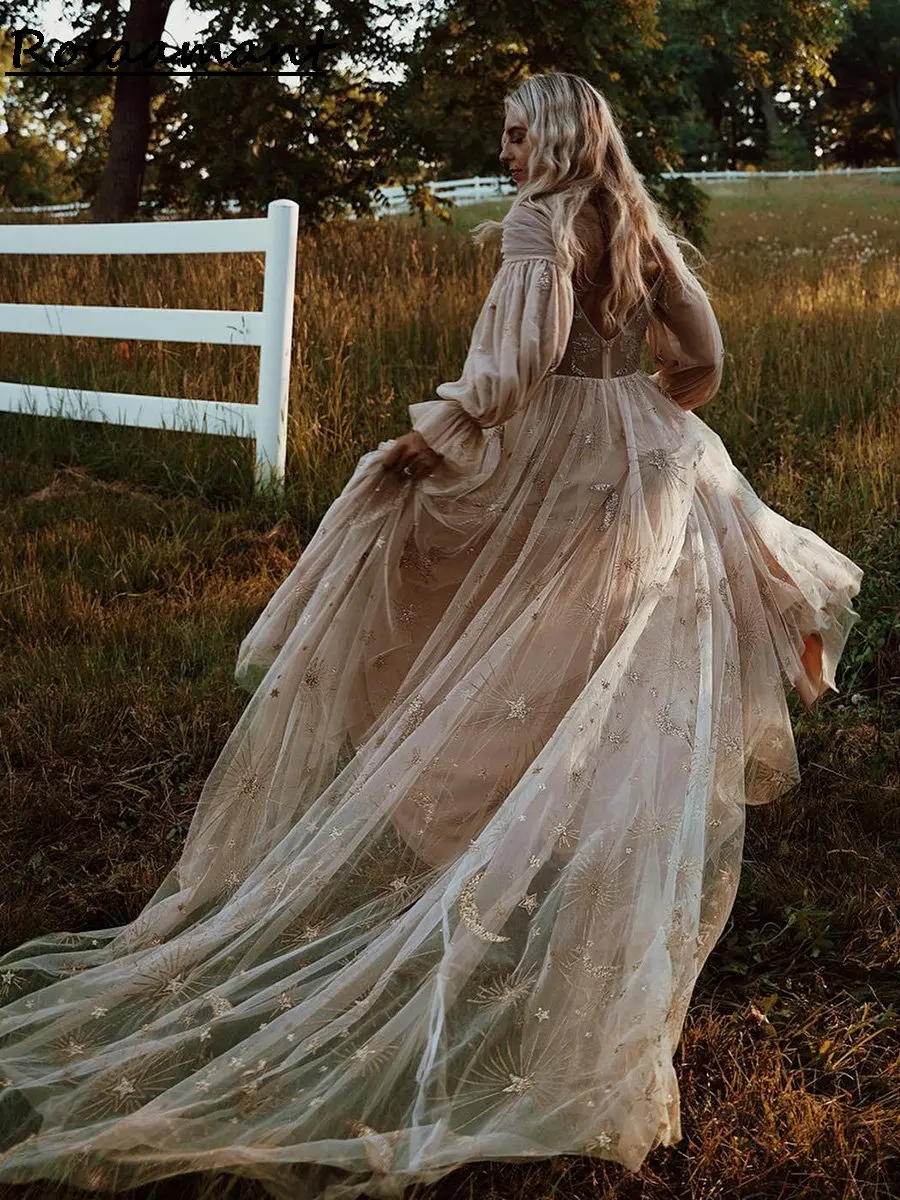 Vestidos De novia De manga larga con cuello en V y lentejuelas brillantes, ropa De boda, champán ilusión, línea A, plisado, cristal