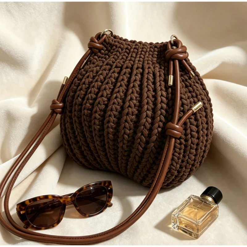 Handgefertigte Gestrickte Garn-Umhängetasche, Vielseitige Einfarbige Messenger-Tasche für Damen, Leichte Weiche Gewebte Schultertasche – Detail 7