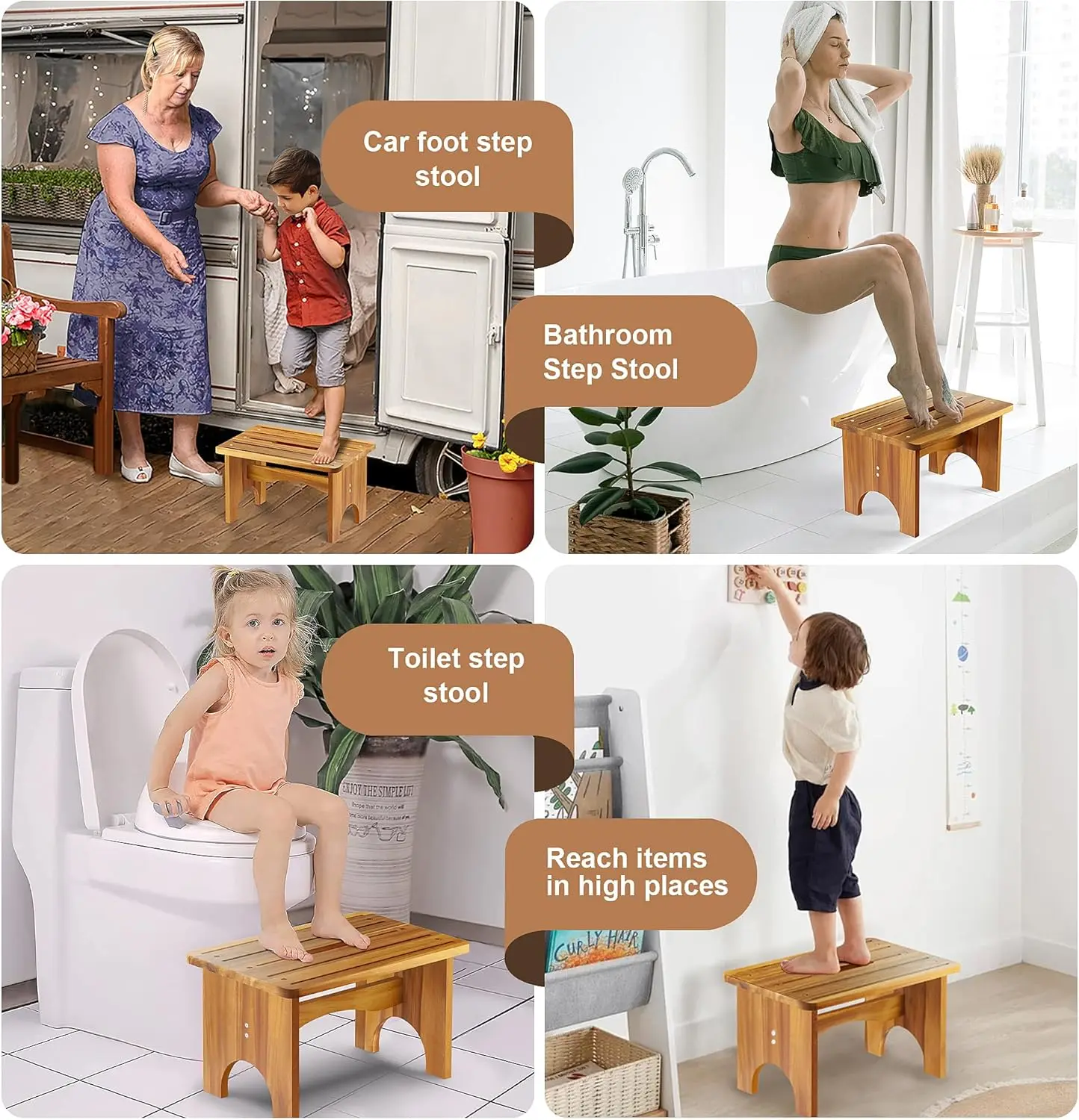 مقعد متدرج للبالغين، مقعد خشبي محمول مقاس 9 بوصات للأطفال، مقعد بجانب السرير عالي التحمل بخطوة واحدة بسعة تحميل 550 رطل #4