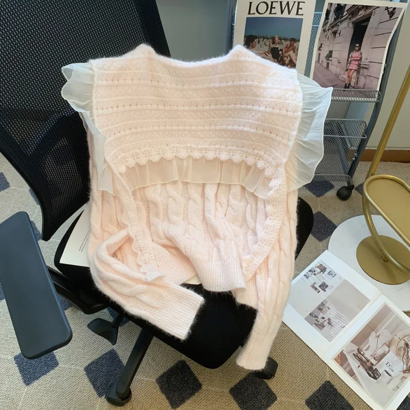 Cute Ruffles Doll Collar Pink Short Sweater Chic Pearl Button Knitted Jumper Pullover 2024 New Spring Long Sleeve Twist Knit Top