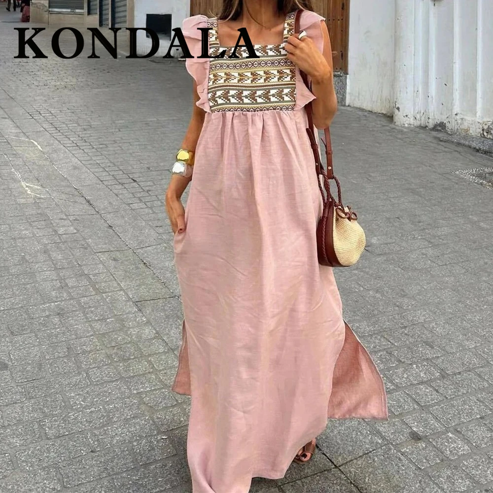 

KONDALA 2024 Women Summer Casual Print Dresses Spaghetti Strap Long Skirts Zipper PATCHWORK Draped Dress Fashion Women Dresses