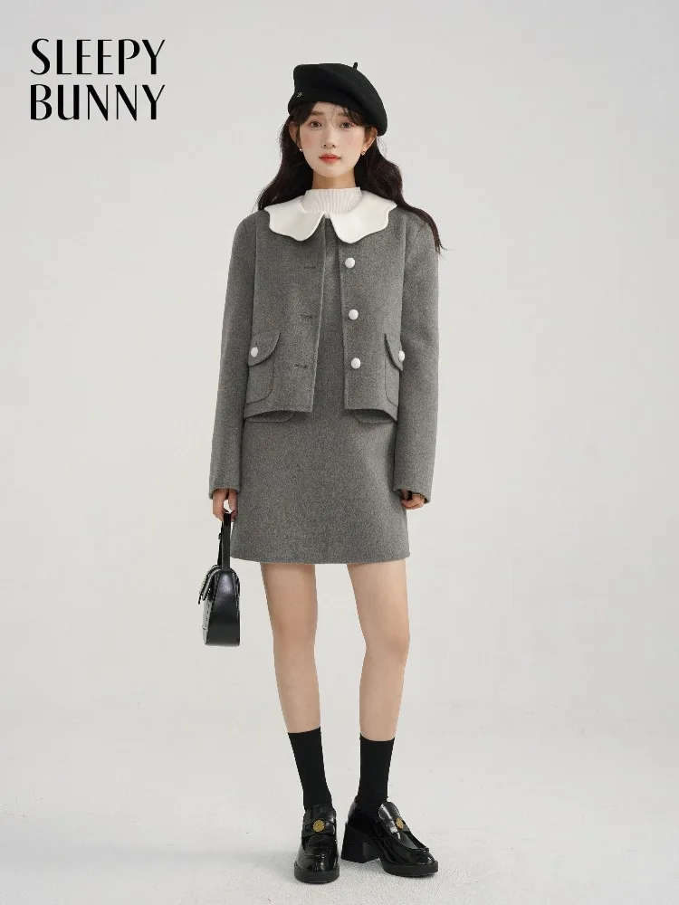 

Elegant Wool Tweed Suit Set Autumn Winter Two Piece Outfit with Contrast Wave Collar Stylish Warm Double-Faced Jacket and Skirt