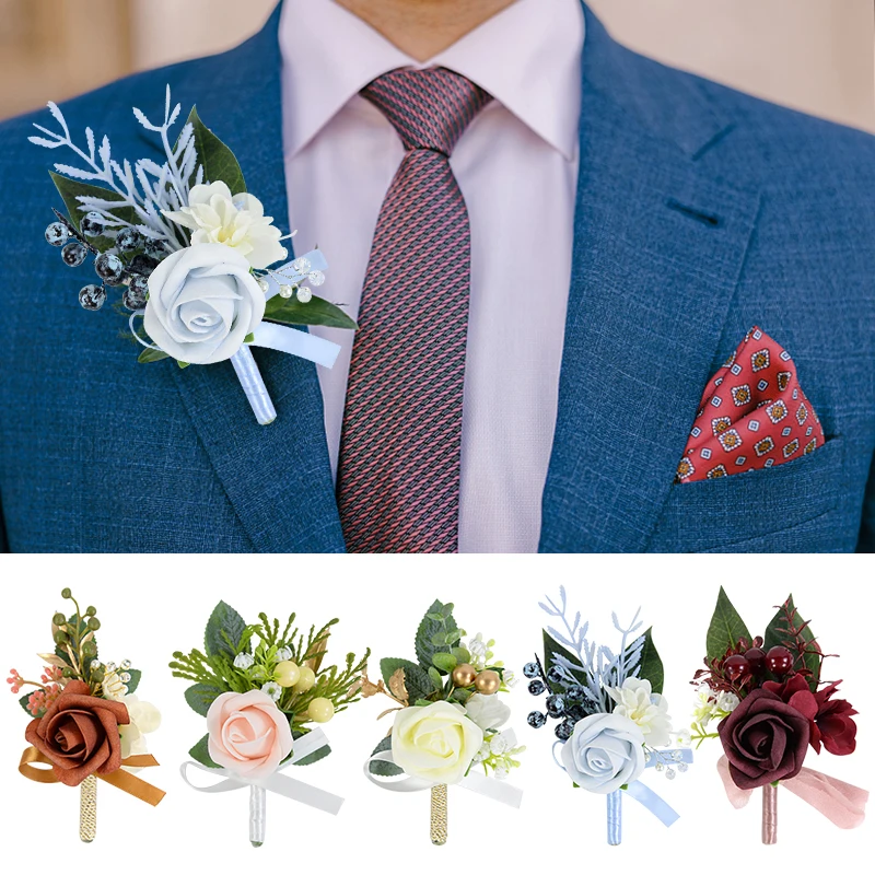 

1PC Wedding Wrist Corsage Groom Man Boutonniere Silk Flowers Pins Bridesmaid Bracelet Artificial Roses Wedding Party Decoration