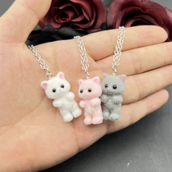 1PCS 3D Cartoon Flocking Cat Necklaces Kawaii Necklace Ring Animal Necklaces Souvenir Gifts for Women Men Pendant DIY Jewelry
