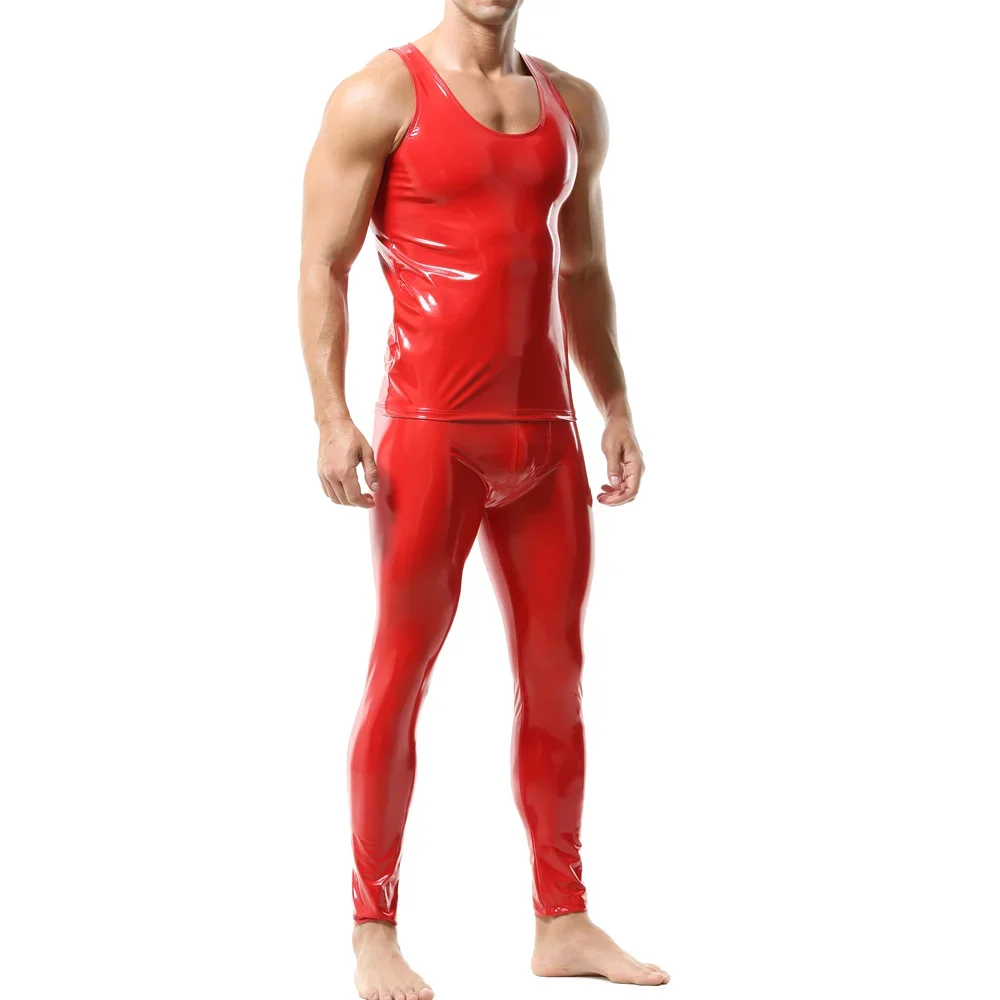 Shiny Wet Look PVC Leather Mens Clothes Set Glossy Tank Tops Undershirts Vest With Leggings Tight Pants Suit Male Party Clubwear