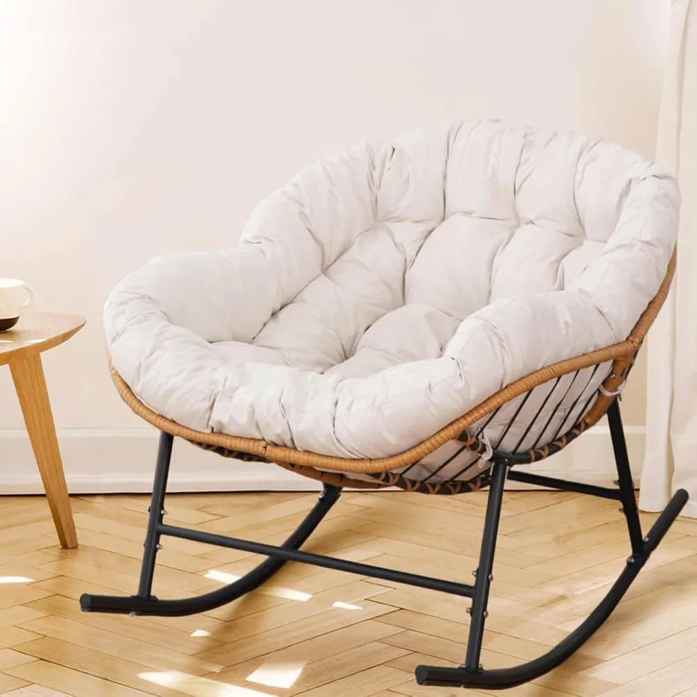 

Patio Wicker Rocking Chair - All-Weather PE Rattan Rocker with Thick Cushion, Comfortable Garden Porch Swing Chair for D