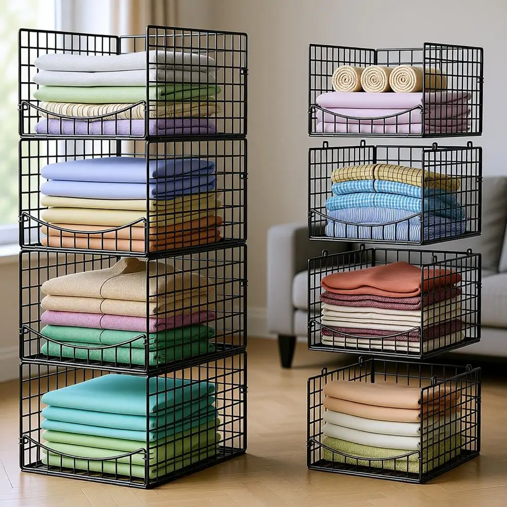 

4-Tier Stackable Closet Organizers, Storage Shelves, Clothes Baskets, Sweater Storage Bins for Wardrobe, Kitchen, Bathroom, Offi