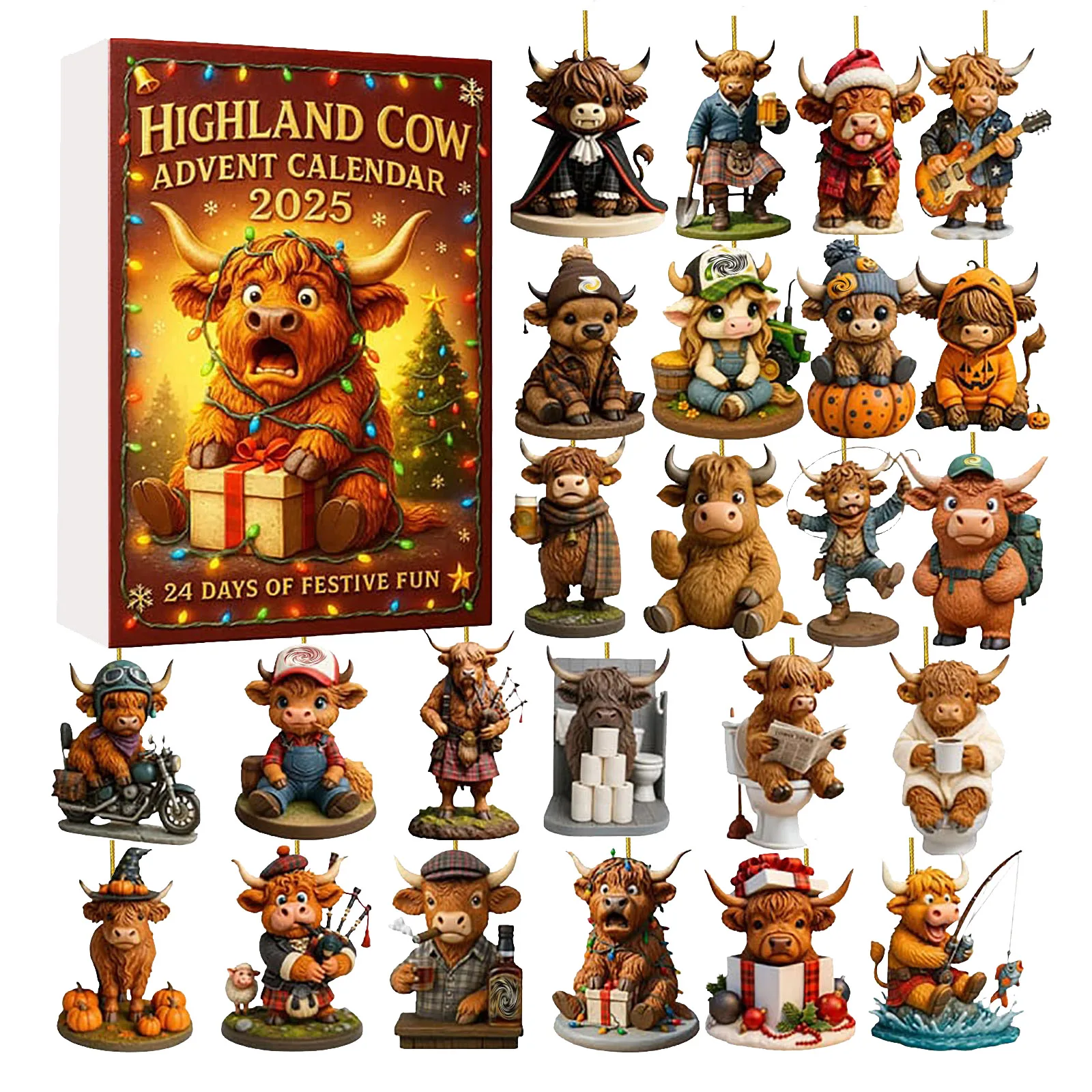 Minuterie de 30 minutes sable 2D vache calendrier de l'avent 2025 24 pièces ornements suspendus de vache faits à la main pour noël minuterie de cuisine mignonne pour les enfants