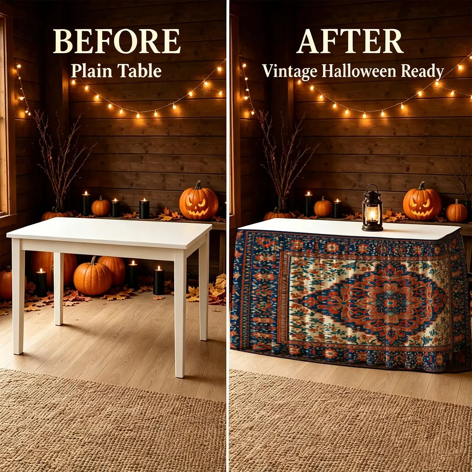 Halloween Christmas Party Scary Tablecloth - Orange and Blue Cream Color Geometric Medals - Eastern Design