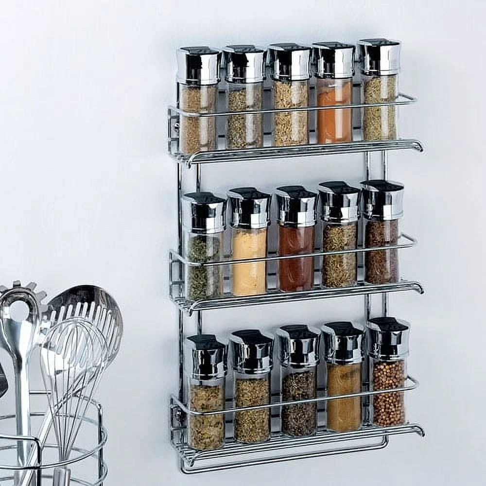 رف توابل مثبت على الحائط من 3 طبقات، حامل معدني من الكروم، خزانة مخزن المطبخ، موفر للمساحة مع أجهزة تركيب #3