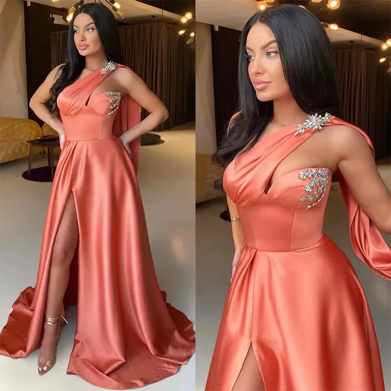 Coral Pink Prom Dress Beads One Shoulder Evening dresses Pleats Slit Formal Long Special Occasion Party Gown