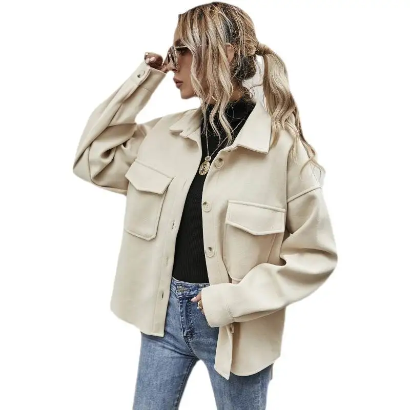 Thiened Single-Button Pure Color irt Coat Women's Loose Outerwear Autumn Winter Flip-Collar Coat in Other Materials