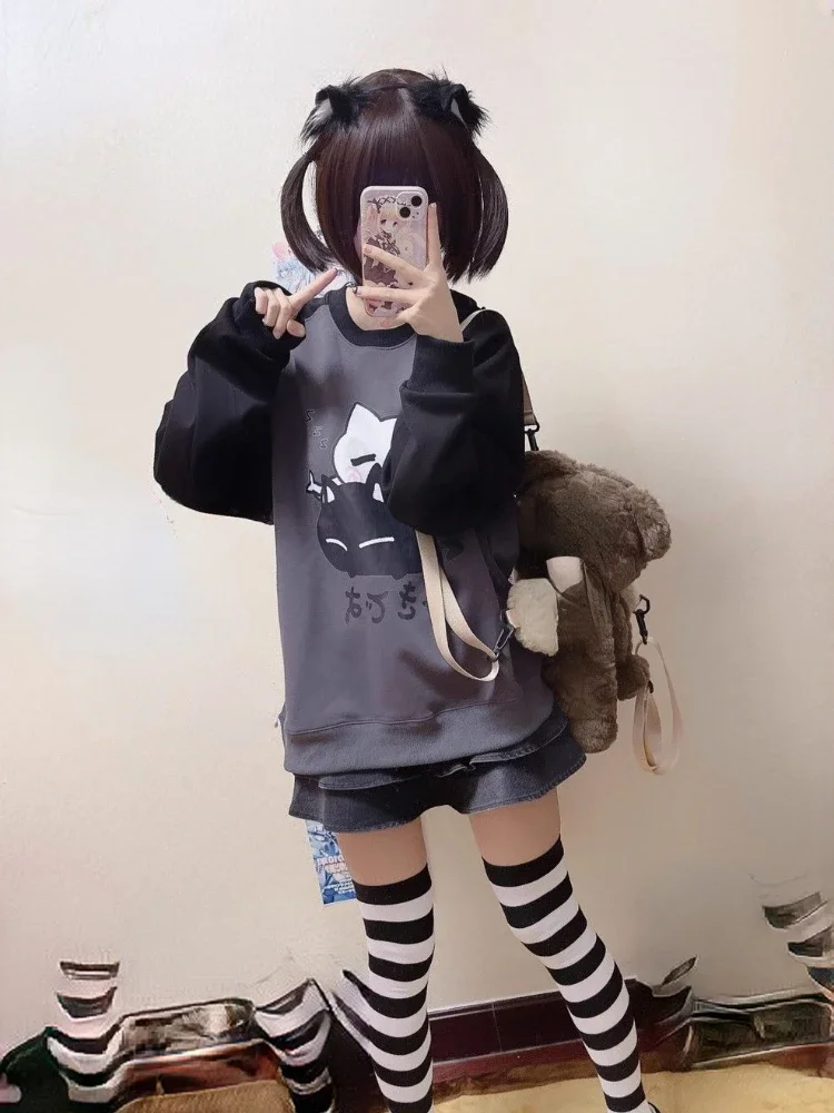 Contrast Kawaii Cartoon Print Sweatshirt Women Patchwork Sweet Cute Japanese Hoodies Grunge Sudaderas Y2k Aesthetic Moletom Tops