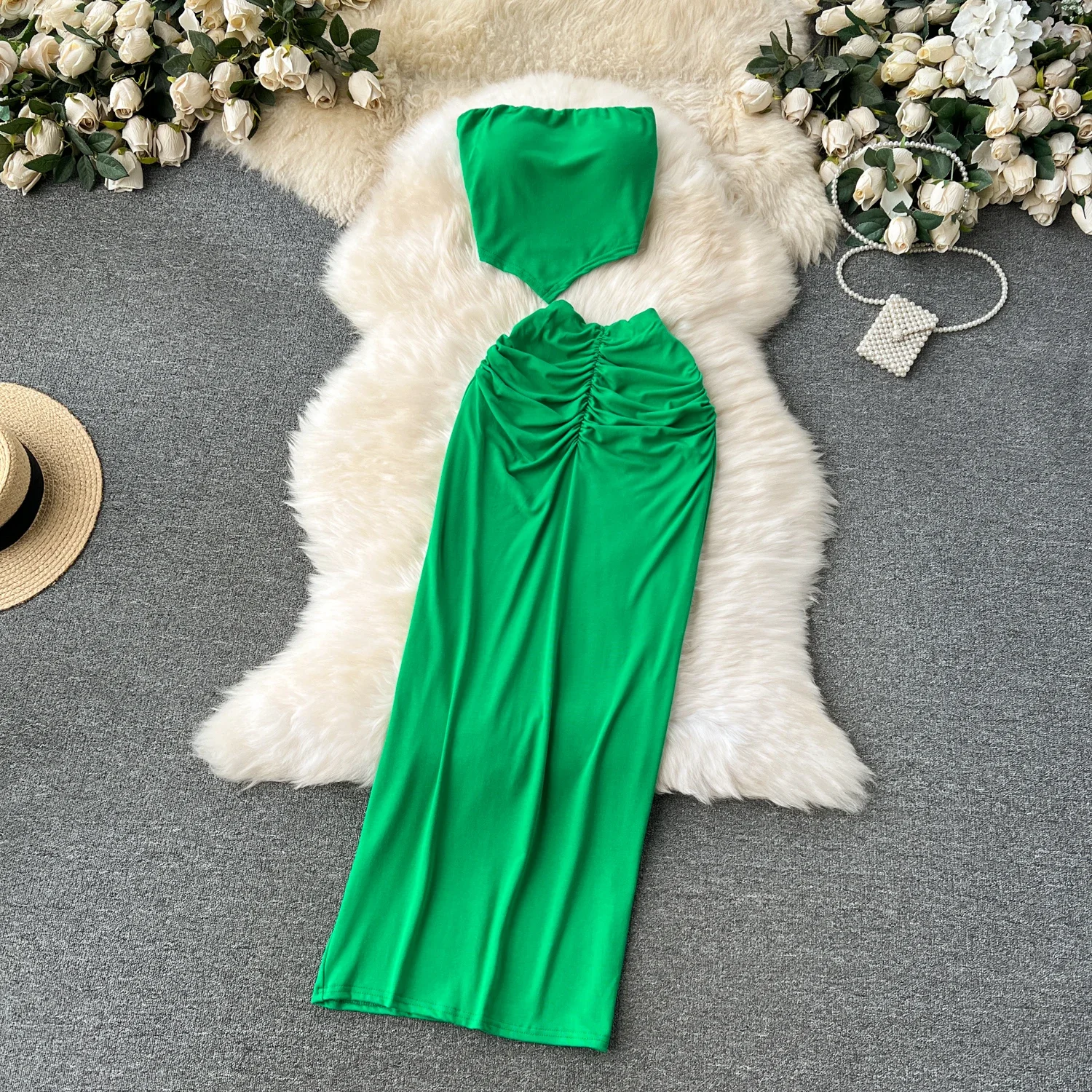 Women Vintage Two Pieces Skirt Sets Women Folds Sleeveless Off Shoulder Crop Top  Elastic Waist High Elastic Waist Pencil Drees