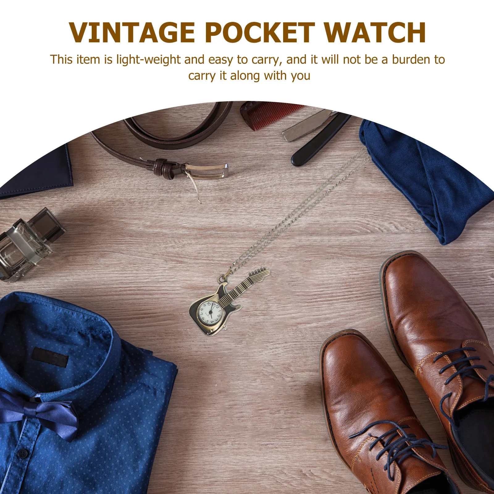 

Vintage Guitar Shape Pocket Watch Men Quartz Movement Large Numerals Lightweight Retro Watch Necklace Chain Gift