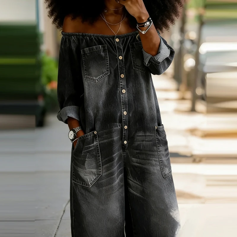 

Элегантные джинсовые комбинезоны с длинным рукавом, карманами, высокой талией и широкими штанинами, модный дизайн, на одно плечо