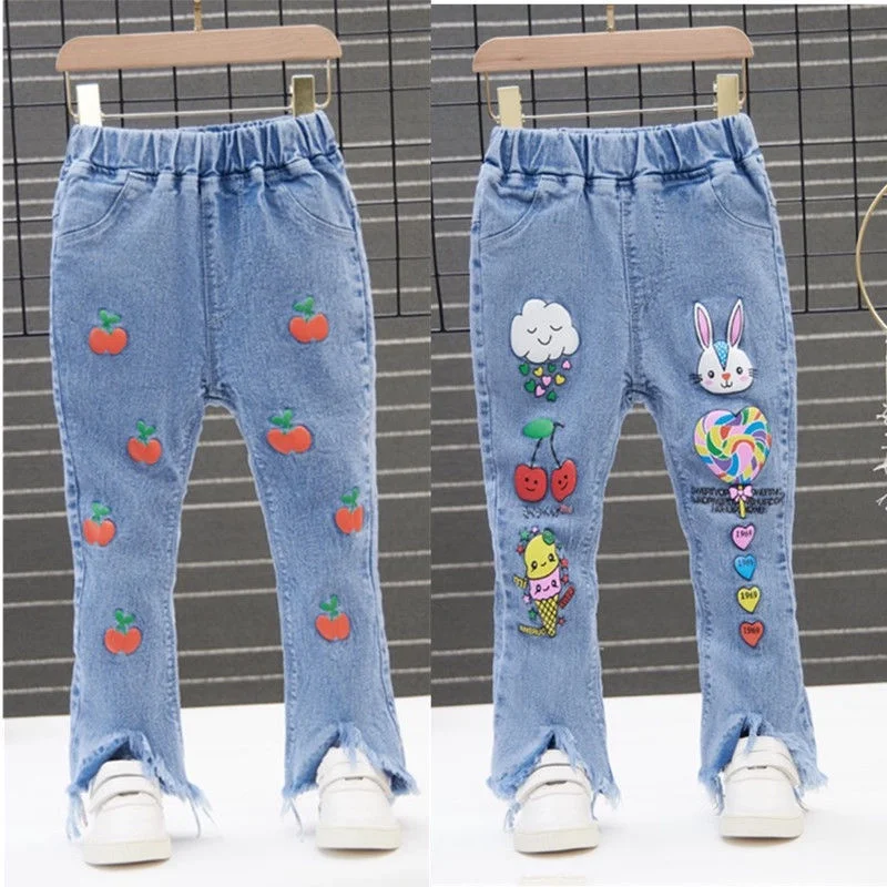 Kids Girls Denim Jeans Pants Spring Autumn Trousers Elastic Waistband Tassel Hem Bell-bottom Style Long Pants 90-130