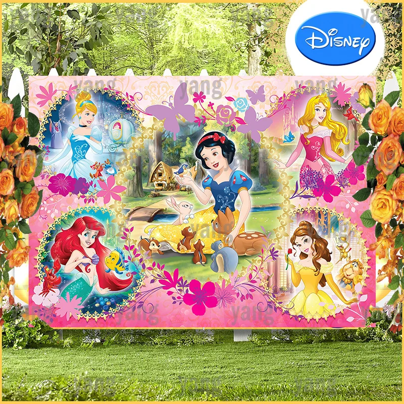 

Disney Cinderella Belle Aurora Ariel Snow White Princess Happy Birthday Party Custom Colorful Backdrop Backgrounds Decoration