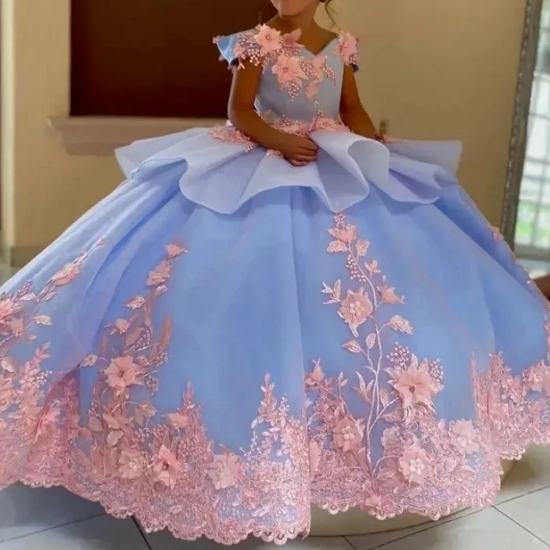 

A1103 High Quality Little Girl Wedding Party Dress Pink Flower Applique Puffy Flower Girl's Dresses Pageant Birthday Customized