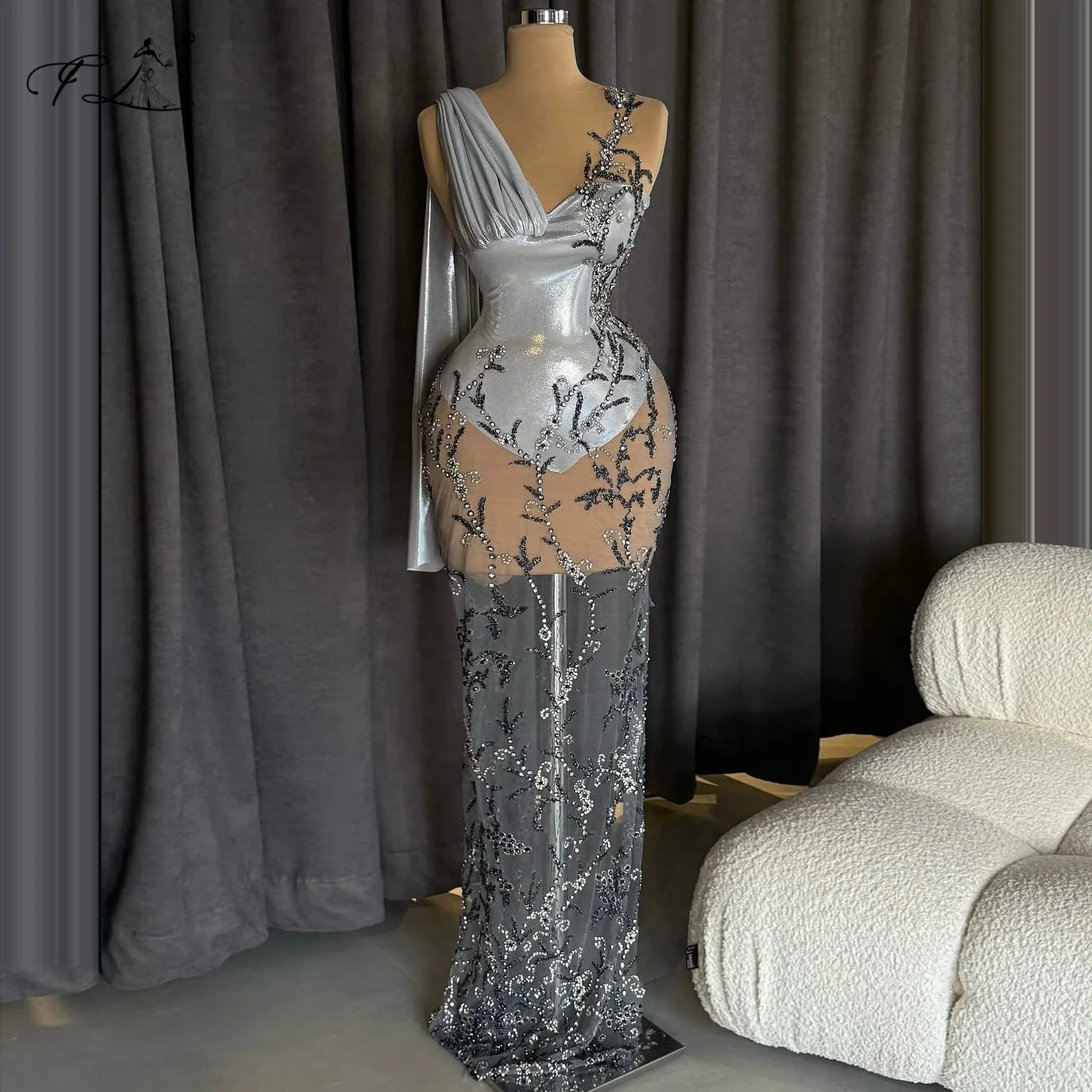 

Дизайн 2025 года, серое прозрачное тюлевое платье русалки, бархатное вечернее платье с v-образным вырезом и вышивкой стразами, вечернее платье, коктейльные платья