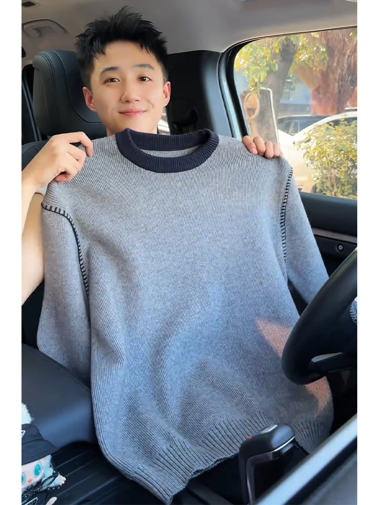 

Men's Knitted Sweater Small Collar Winter Lazy Sle Base Layer Patchwork Overhead Casual Soft Comfortable Long Sve round ...