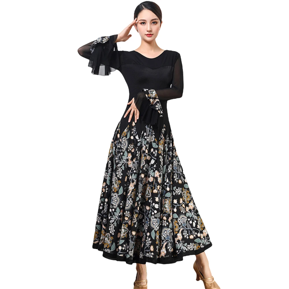 Abito da competizione per valzer da sala a maniche lunghe Costume di scena nero Gonna da flamenco con stampa di danza moderna sottile Standard