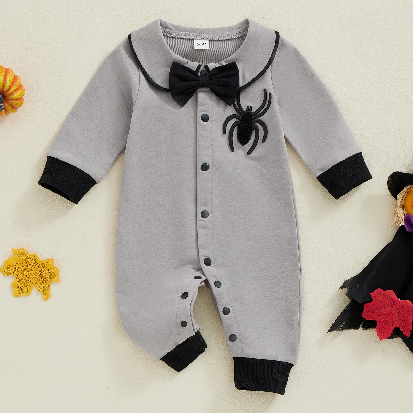 Baby Boy Halloween Romper Spider Embroidered Bow Tie Long Sleeve Lapel Neck Button-up Fall Jumpsuits