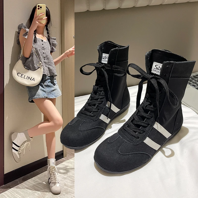 

Women's Fashion Athletic High-Top Boots - Fall Winter New Retro Color Block Round Toe Lace-Up Boots