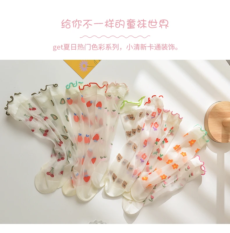 Rüschen-Kawaii-Baby-Kinder-Socken mit Blumenstickerei, Lolita-Prinzessin-Mädchen, Niedliche Erdbeer-Ultra-Dünne Overknee-Socken – Detail 2