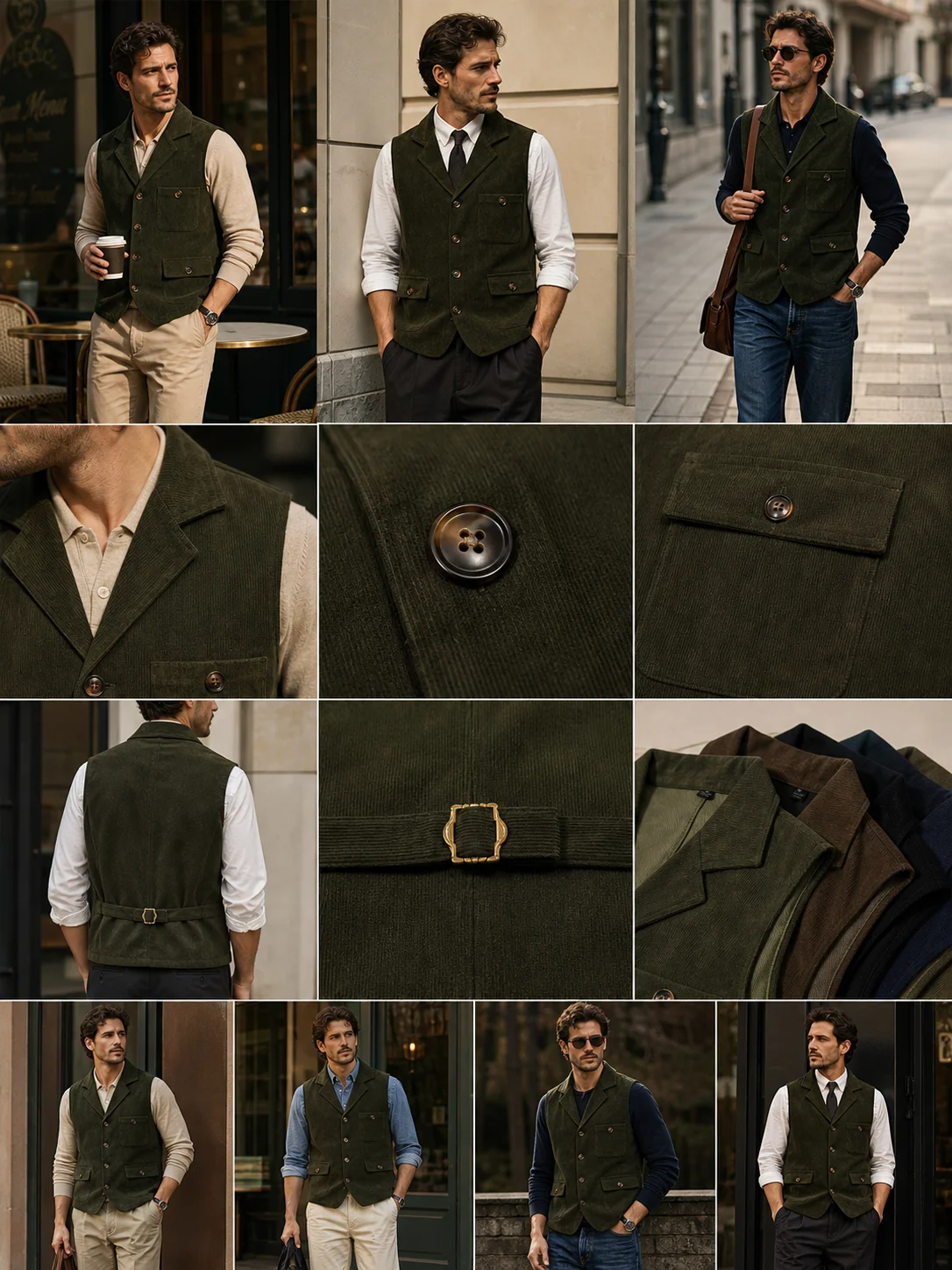 Herren Vintage Cord-Anzugweste mit Revers, Verstellbarem Rückengurt, Ärmellos, Business-Casual-Gilet mit Mehreren Taschen – Detail 2