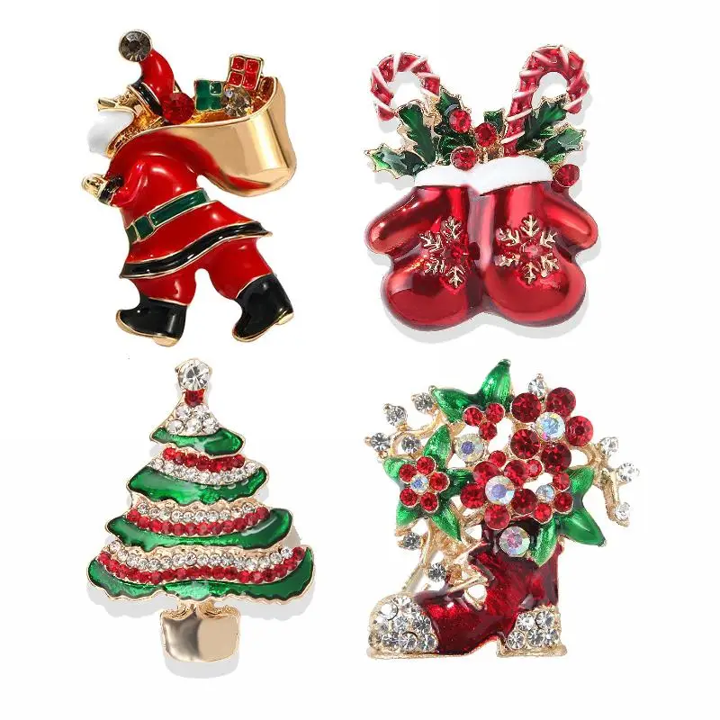 Christmas Enamel Santa Brooches For Women Unisex Rhinestone Pins Party Backpack Gifts Jewelry Accessories