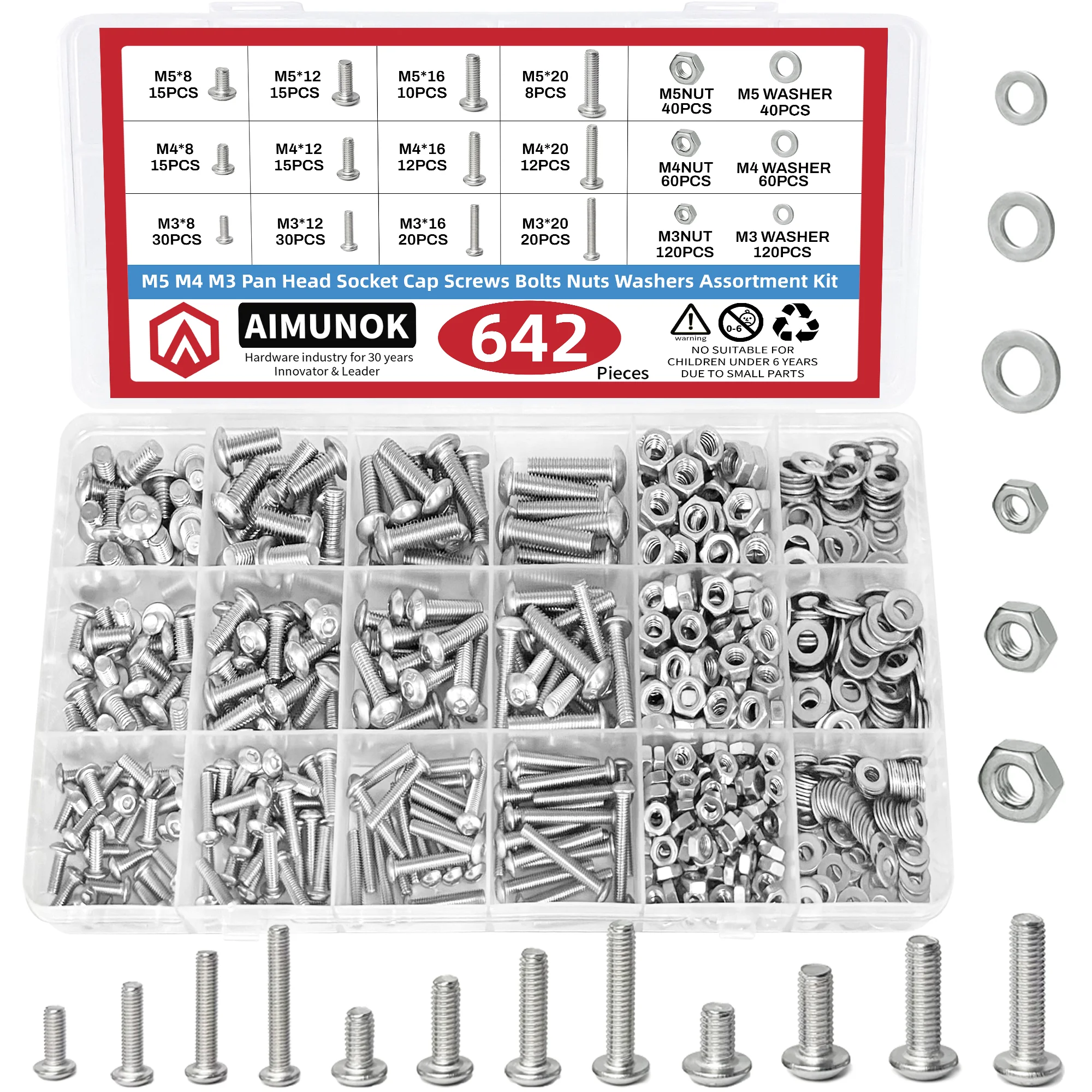 642pcs M5 M4 M3 Button Head Socket Cap Screws Bolts Nuts Washers Assortment Kit, 304 Stainless Steel Metric Screw Set, Small Bol