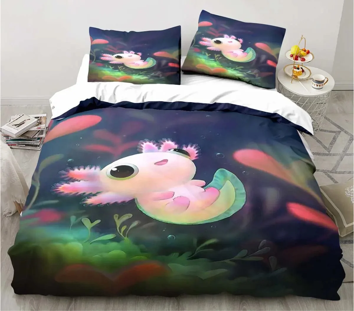 Cute Kawaii Axolotl Art Christmas Navidad Gift King Twin Double Child Customized Bedding Set Duvet Cover with Pillowcase 3 Piece