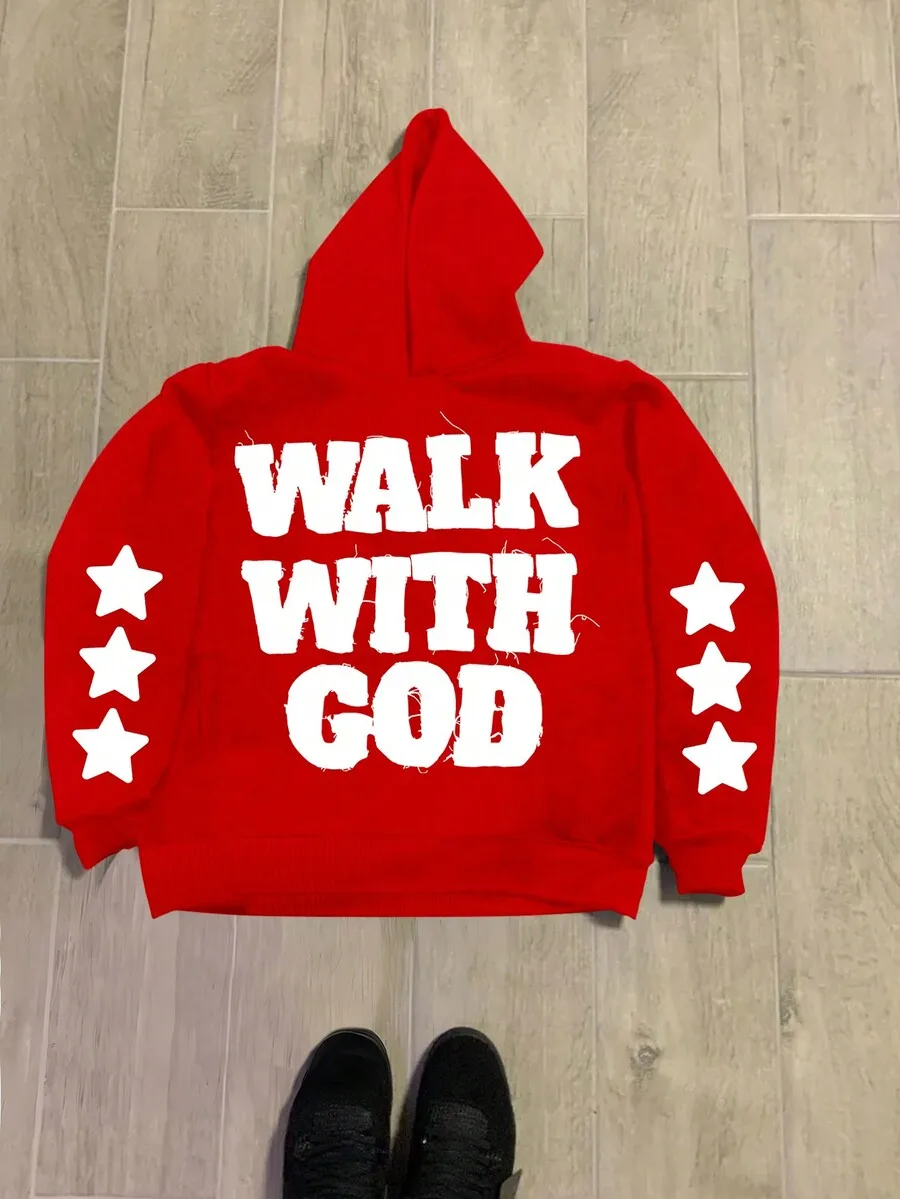 Sweat à capuche imprimé Walk With God pour femmes, Design à manches étoiles, sweat-shirt décontracté d'automne