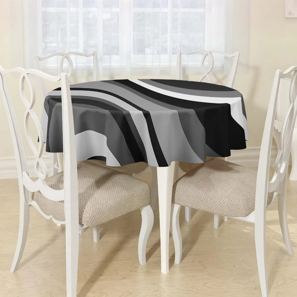 One round polyester tablecloth - modern abstract art design, featuring black, white and gray patterns.zyc