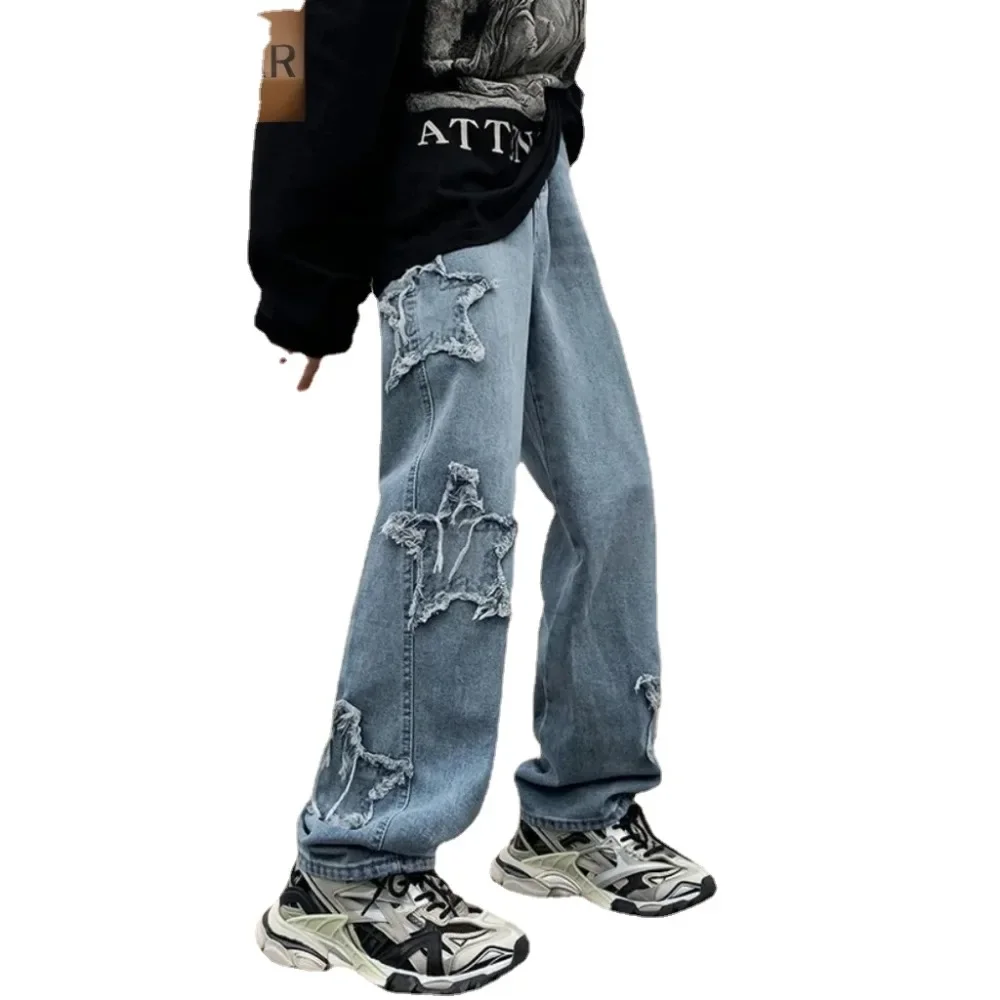 2024 New Fashion Stars Embroidery Men Jeans Pants Y2K Clothes Straight Hip Hop Cotton Trousers Pantalon Homme streetwear