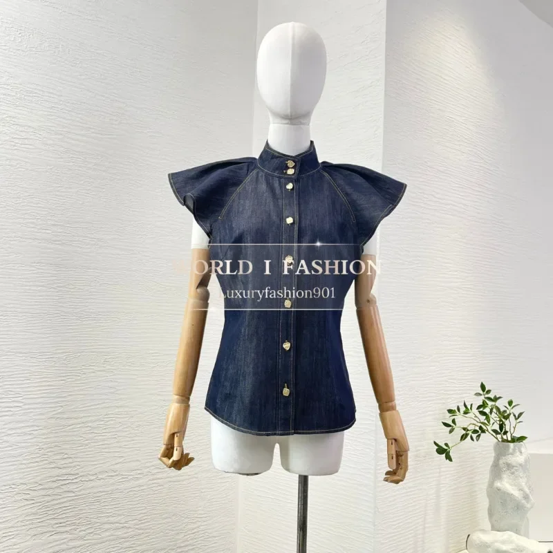 

Cotton 2025 New Fashion Blue Half Sleeve Demin V Neck Blouse Tops