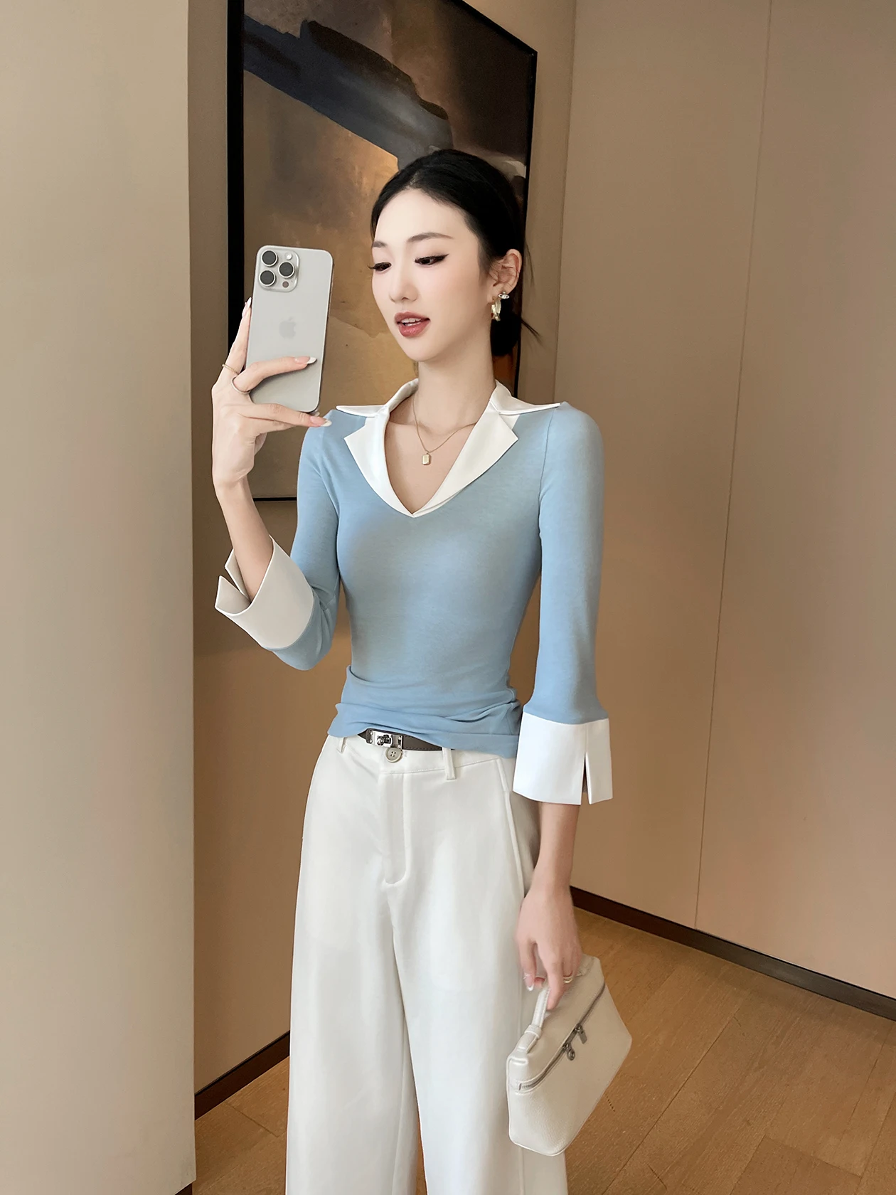 

Женская приталенная футболка с длинным рукавом, светло-голубая, с воротником, повседневная, весна 2026, новинка, топ Pure Desire