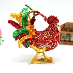 SHINNYGIFTS New Year Gifts Metal Enamel Rooster and Hens Trinket Box Home Decorative Gift Box