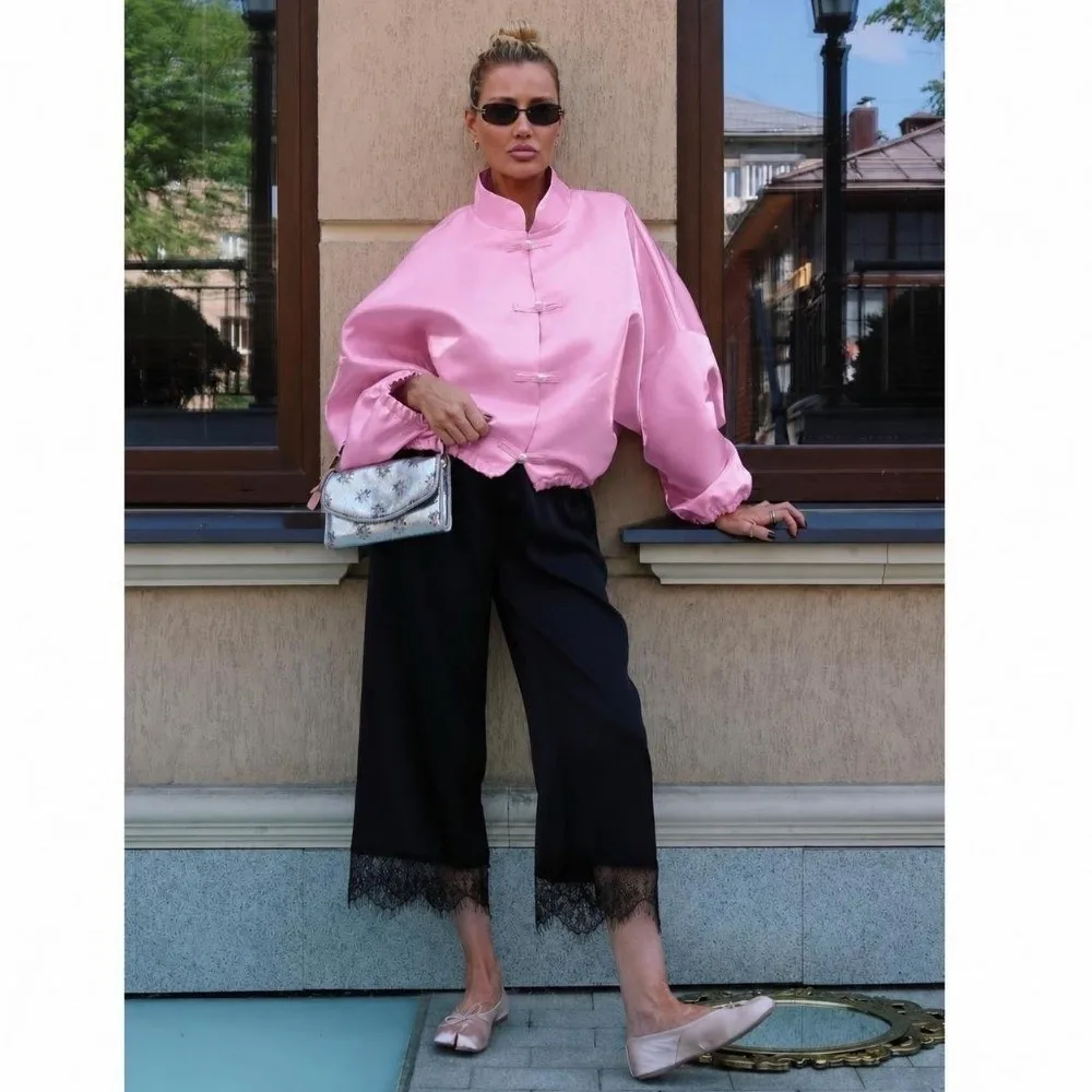 Mandarin Collar Jacket Top Elastic Cuff Relax Silhouette Frog Button Outerwear Pink Satin Oversize Satin Blouse