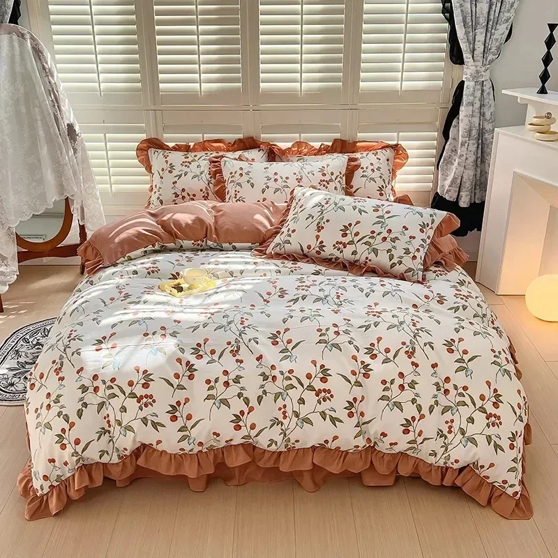 New Fresh Floral Pattern Cotton Girl Heart Duvet Cover Suit Soft Luxury Bedding Set Fashion Dormitory Quilt Cover Pillowcase Kit