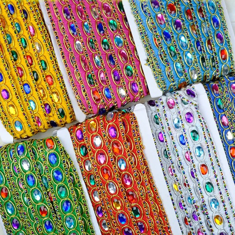 9m Crystal Lace Crochet Ribbons Belt Ethnic Braided 3D Rhinestones Trim DIY Sewing Folk Dance Costume Decorative Accessories